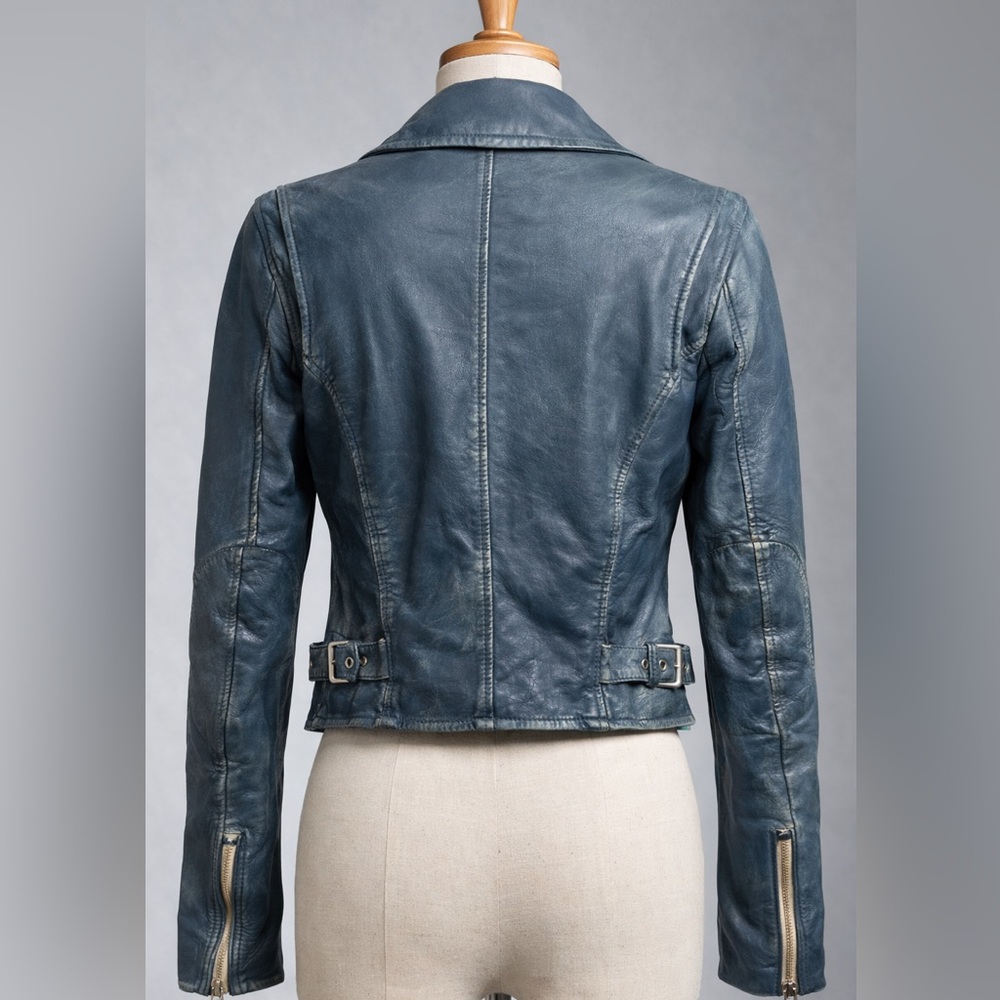 Mauritius Teal Leather Moto Jacket Cropped Biker Gold Hardware Small - Picture 4 of 11